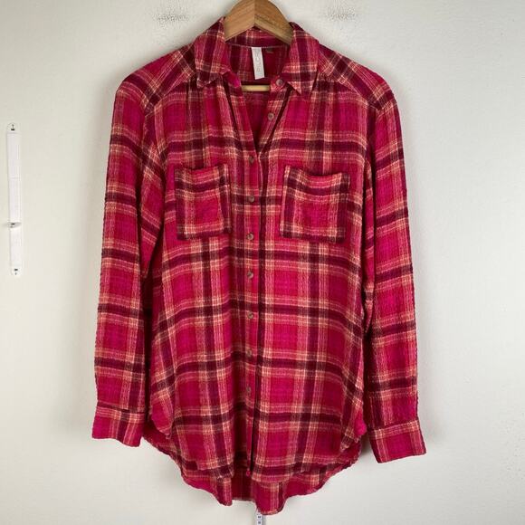 Pilcro Seamed Buttondown Size XS Pink Burgundy Plaid Tunic Top Blouse 70s Casual - Picture 5 of 13